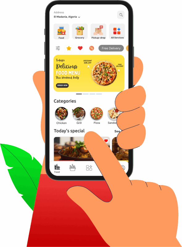Postmates Clone app home screen showing delivery options