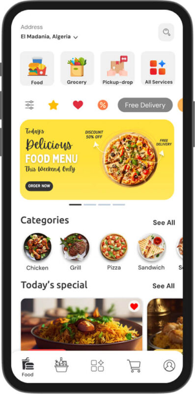 Postmates clone script all-in-one delivery app interface home screen