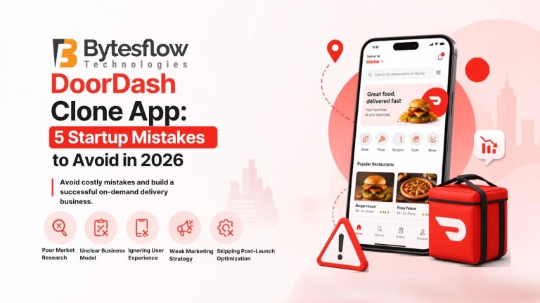 DoorDash clone app blog banner showing 5 startup mistakes to avoid in 2026 with food delivery app illustration.