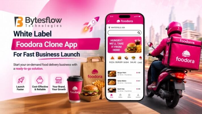 **ALT Text:** White Label Foodora Clone App banner with a food delivery app interface, delivery rider, and fast business launch theme.