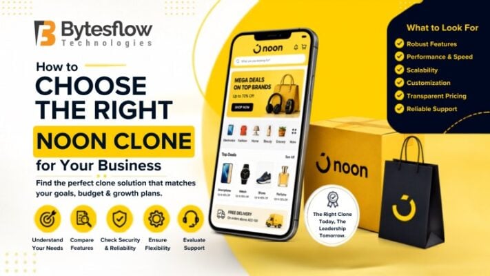 Blog banner for "How to Choose the Right Noon Clone for Your Business" featuring a Noon-inspired shopping app, branded packaging, and a feature checklist. Designed in yellow, white, and navy colors to highlight scalability, security, and business growth.