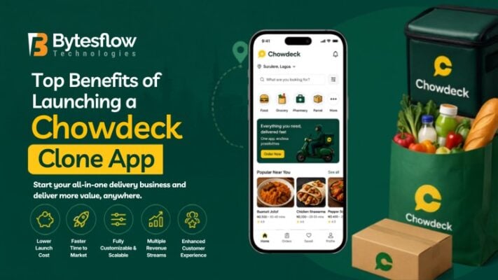 Chowdeck clone app banner with a dark green and yellow theme, showcasing an all-in-one delivery app interface featuring food, grocery, pharmacy, and parcel delivery services alongside branded delivery bags and promotional benefits.