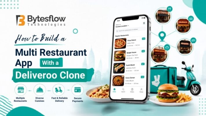 Multi-restaurant Deliveroo clone app banner featuring a food delivery app interface, connected restaurant network, delivery scooter, and popular cuisines.