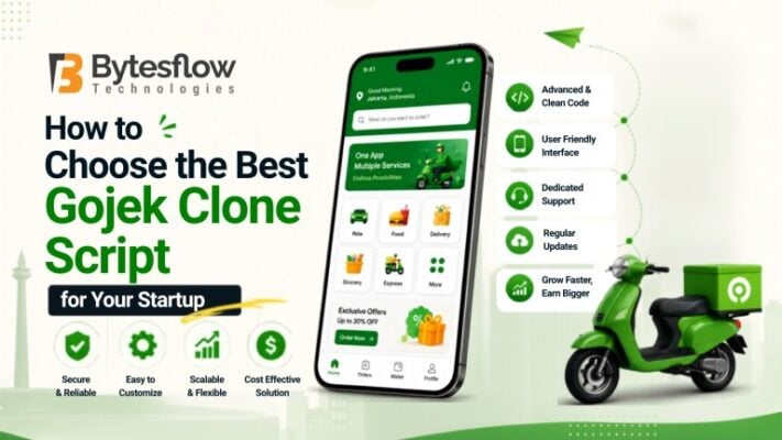 Gojek clone script banner for startups featuring a multi-service app, smartphone, and delivery scooter.