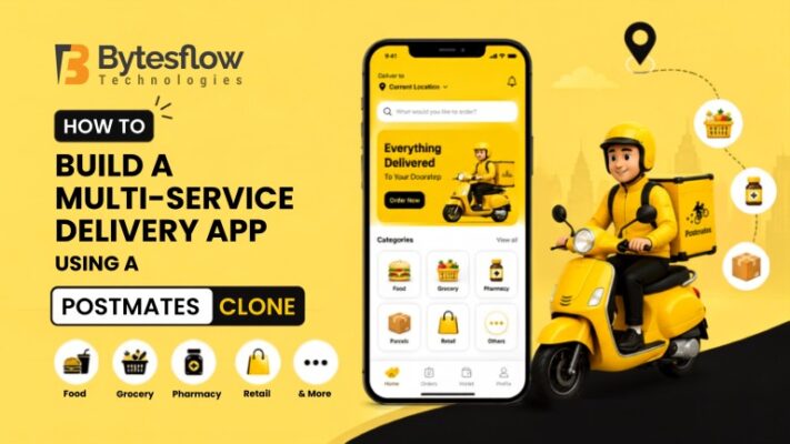 How to build a multi-service delivery app using a Postmates clone with a yellow delivery app interface and courier.