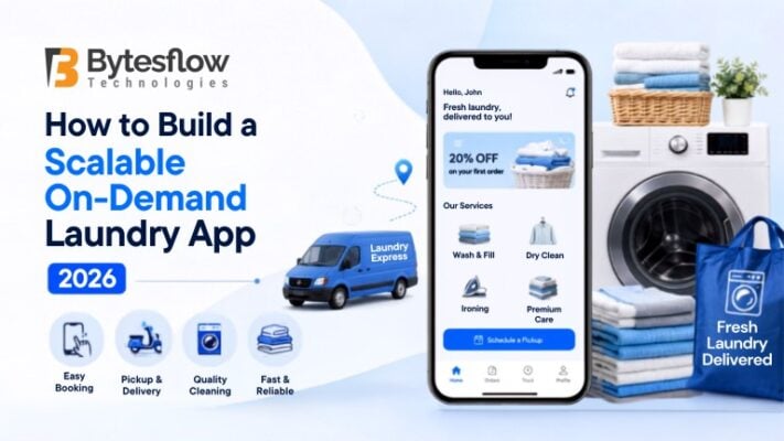 Scalable on-demand laundry app banner featuring a smartphone laundry service interface, clothes, laundry basket, and 2026 branding.