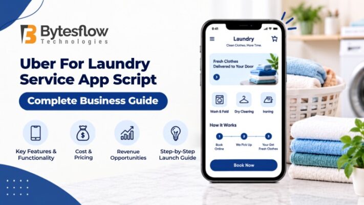 Uber for Laundry Service App Script banner featuring a laundry app interface, business guide, key features, pricing, revenue opportunities, and launch guide.