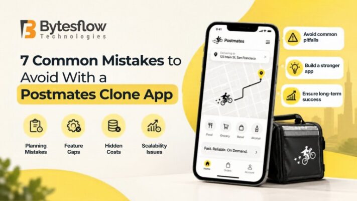 Postmates clone app banner highlighting 7 common mistakes, with a delivery app interface, route map, delivery bag, and icons representing feature gaps, hidden costs, security risks, scalability issues, poor localization, weak support, and technical errors.