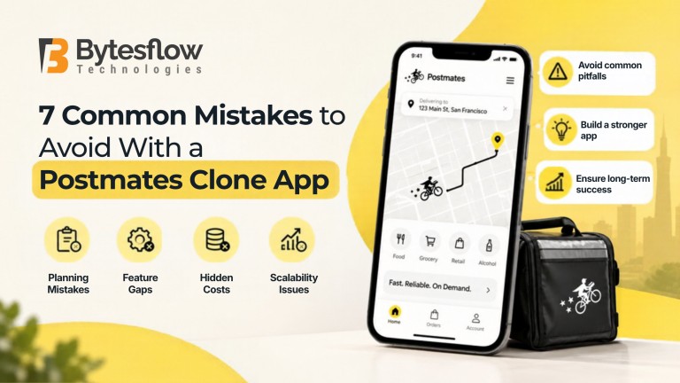 Postmates clone app banner highlighting 7 common mistakes, with a delivery app interface, route map, delivery bag, and icons representing feature gaps, hidden costs, security risks, scalability issues, poor localization, weak support, and technical errors.
