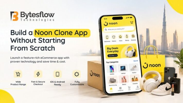 Noon clone app with eCommerce mobile interface, shopping products, and Dubai skyline for launching without starting from scratch.
