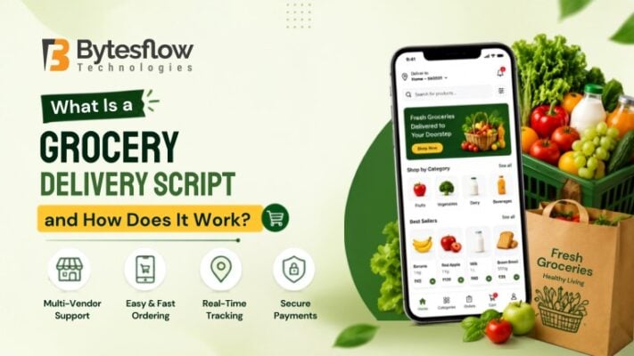 Grocery delivery script blog banner featuring a smartphone grocery app, fresh produce, shopping bag, and icons for multi-vendor support, easy ordering, real-time tracking, and secure payments.